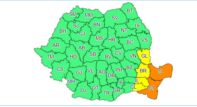 Cod galben de ninsori viscolite în Dobrogea, estul Munteniei şi sud-estul Moldovei, până joi dimineaţă/ În Tulcea şi Constanţa este cod portocaliu