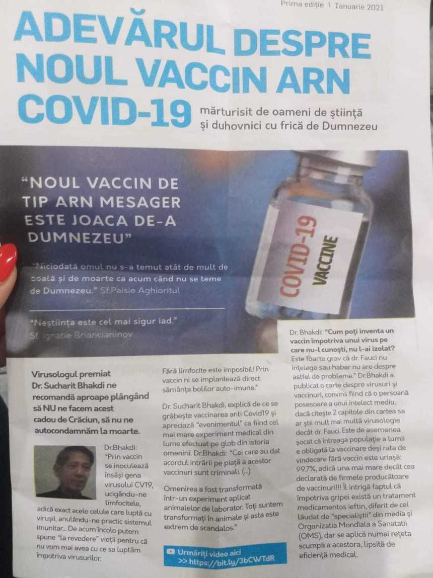 Bărbat care distribuia pe stradă, la Focşani, broşuri intitulate „Adevărul despre noul vaccin ARN Covid19”, în care sintetizase date alarmiste, cercetat pentru comunicarea de informaţii false