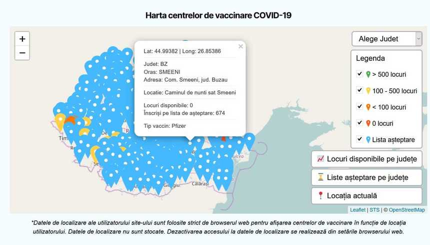 Tipul de vaccin folosit în fiecare centru de vaccinare, numărul de locuri disponibile şi numărul de persoane aflate pe lista de aşteptare, disponibile în platforma de programare