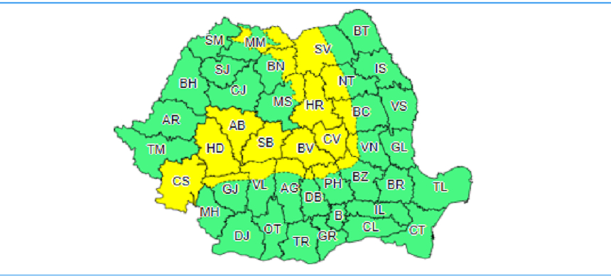 ANM – Precipitaţii, predominant ninsori, intensificări ale vântului, vreme deosebit de rece în sud-vest, centru şi nord-est şi la munte. Cod galben de ninsori şi vânt în sudul Banatului, sudul şi estul Transilvaniei şi în Carpaţii Meridionali şi Orientali