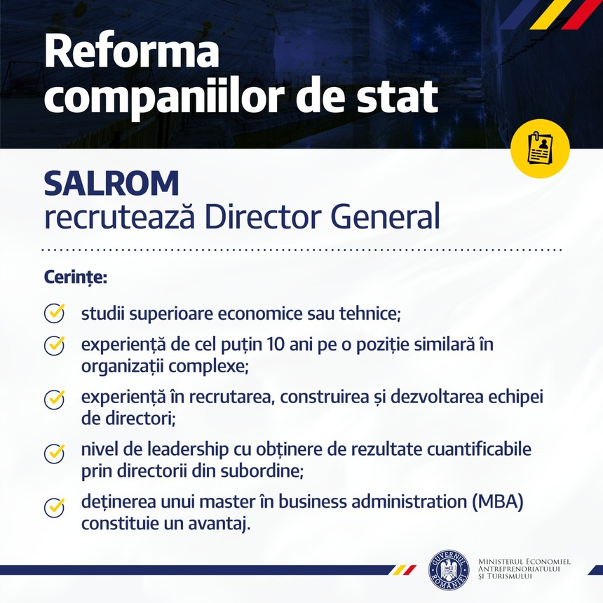 Ministerul Economiei afirmă că se continuă reforma pentru a numi profesionişti în conducerea companiilor de stat: Salrom caută director general