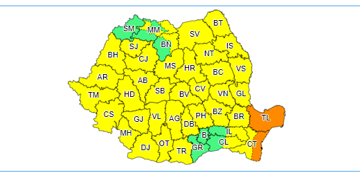 Cod galben de ploi însemnte cantitativ şi instabilitate atmosferică temporar accentuat în cea mai mare parte a ţării, până marţi seară / În Tulcea şi în zona costieră a judeţului Constanţa este cod portocaliu