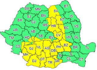 Cod galben de ploi torenţiale, descărcări electrice, vijelii şi grindină, până marţi seara, în Carpaţii Meridionali şi Orientali, Oltenia, vestul şi nordul Munteniei şi estul Transilvaniei/ Instabilitatea atmosferică va continua până vineri