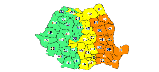 Cod galben şi cod portocaliu de ploi însemnate cantitativ şi instabilitate accentuată până miercuri seară