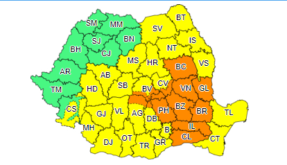 Cod galben şi cod portocaliu de ploi însemnate cantitativ şi instabilitate atmosferică, până sâmbătă seară / Sunt vizate 32 de judeţe şi municipiul Bucureşti