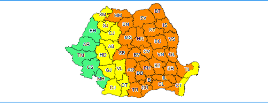 Cea mai mare parte a ţării, sub cod portocaliu de vijelii puternice, grindină, ploi abundente, până vineri dimineaţă