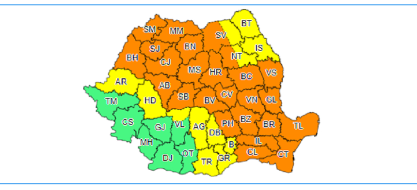 Instabilitate atmosferică accentuată şi ploi abundente în cea mai mare parte a ţării până în această seară la ora 23:00 – HARTA