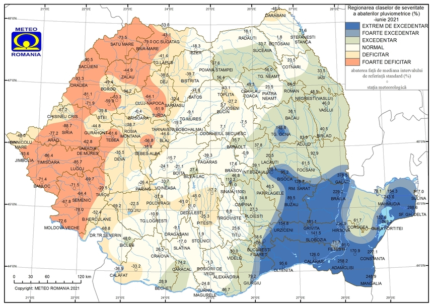 ANM: Temperatura medie a lunii iunie a avut valori cuprinse între 4,4 °C şi 23,2 °C / A fost depăşită maxima absolută la 27 de staţii / Cele mai multe prcipitaţii – 285,2 mm, la staţia meteorologică Galaţi