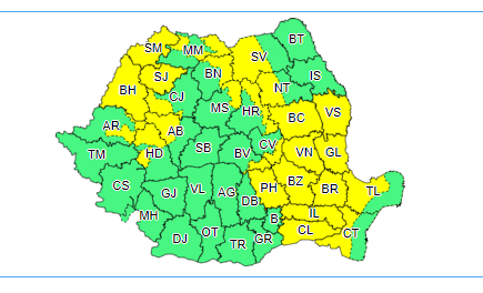 Cod galben de instabilitate atmosferică, până la ora 23.00, în zona Carpaţilor Orientali şi a Munţilor Apuseni şi local în Moldova, Dobrogea, Muntenia, Crişana, Maramureş şi în nord-vestul Transilvaniei