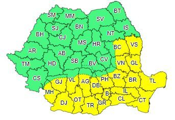 Cod galben de caniculă în Capitală şi în Oltenia, Muntenia, Dobrogea şi sudul Moldovei/ În Transilvania, Maramureş, nordul Moldovei, Banat, Oltenia, nord-vestul Munteniei şi la munte este Cod portocaliu de furtuni şi ploi abundente