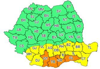 Cod galben de caniculă 12 judeţe din sud şi sud-est şi în Capitală şi Cod portocaliu în Olt, Teleorman, Giurgiu şi Călăraşi/ De joi la prânz, aproape toată ţara va fi sub avertizare Cod portocaliu de vijelii puternice, cu ploi torenţiale şi grindină