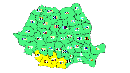 Caniculă şi disconfort terminc, în sudul Olteniei şi în sud-vestul Munteniei / Instabilitate armosferică în Carpaţii Meridionali şi de Curbură, precum şi în nordul Munteniei