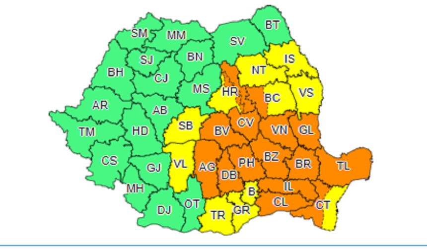 Avertizări cod galben şi portocaliu de vielii şi grindină până joi dimineaţă în judeţe din centrul, estul şi sud-estul ţării – HARTA