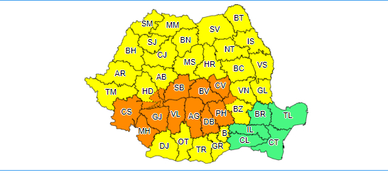 ANM – Instabilitate atmosferică temporar accentuată, cantităţi de apă însemnate în cea mai mare parte a ţării până duminică seară / Cod portocaliu de ploi abundente în 10 judeţe şi în zona de munte a altor trei – HARTA