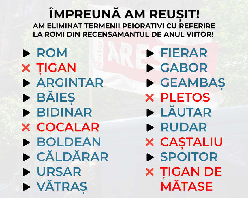 Asociaţia Aresel anunţă că au fost eliminate din nomenclatorul etniilor toate denumirile peiorative cu referire la romi, în perspectiva recensământului de anul viitor