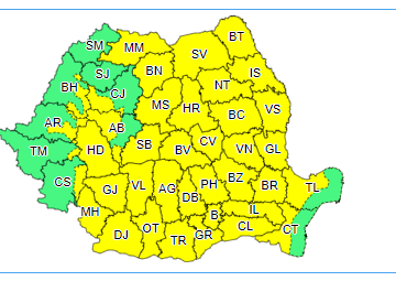 Cod galben de instabilitate atmosferică în cea mai mare parte a ţării, până luni seară