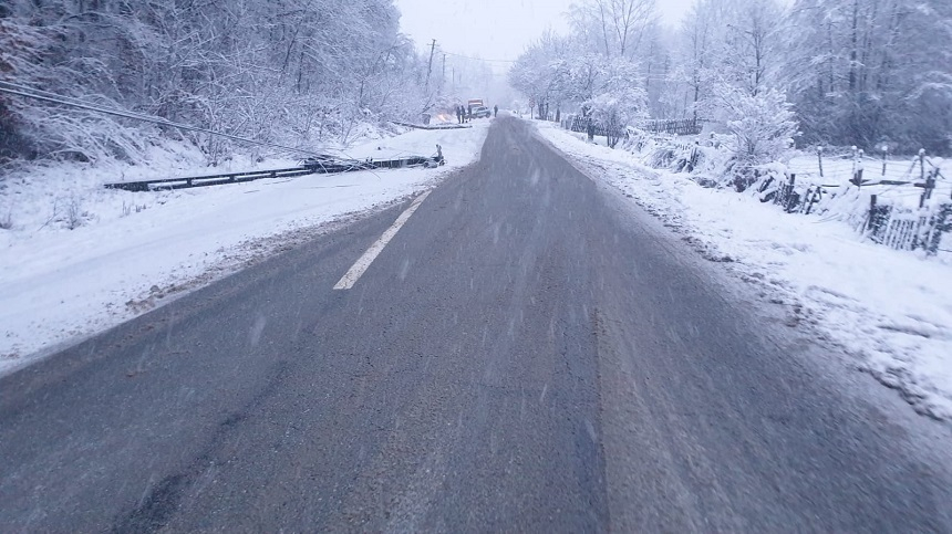 Trafic perturbat pe DN 67 Râmnicu Vâlcea – Târgu Jiu din cauza unor stâlpi şi a unui copac căzuţi pe carosabil – FOTO