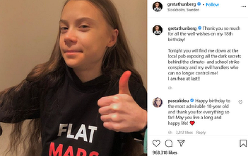 Greta Thunberg îşi ironizează criticii la împlinirea vârstei majoratului