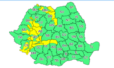 Cod galben de ploi abundente, până joi la prânz – Pe arii restrânse se vor cumula până la 60 de litri de apă pe metru pătrat