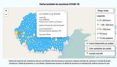 Tipul de vaccin folosit în fiecare centru de vaccinare, numărul de locuri disponibile şi numărul de persoane aflate pe lista de aşteptare, disponibile în platforma de programare