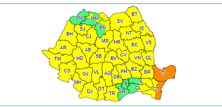 Cod galben de ploi însemnte cantitativ şi instabilitate atmosferică temporar accentuat în cea mai mare parte a ţării, până marţi seară / În Tulcea şi în zona costieră a judeţului Constanţa este cod portocaliu