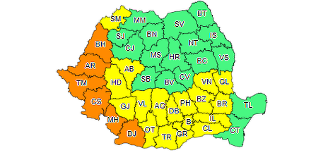 Cod galben de ploi torenţiale în 13 judeţe / În 24 de judeţe este cod galben şi portocaliu de caniculă, temperaturile putând ajunge şi la 38 de grade Celsius