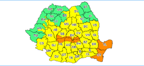 Ploi însemnate cantitativ, instabilitate atmosferică temporar accentuată până miercuri la ora 10:00, în cea mai mare parte a ţării / Cod portocaliu de ploi abundente în Dobrogea şi local în zona Carpaţilor Meridionali – HARTA