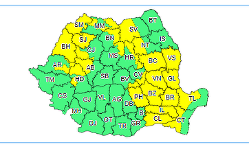 Cod galben de instabilitate atmosferică, până la ora 23.00, în zona Carpaţilor Orientali şi a Munţilor Apuseni şi local în Moldova, Dobrogea, Muntenia, Crişana, Maramureş şi în nord-vestul Transilvaniei